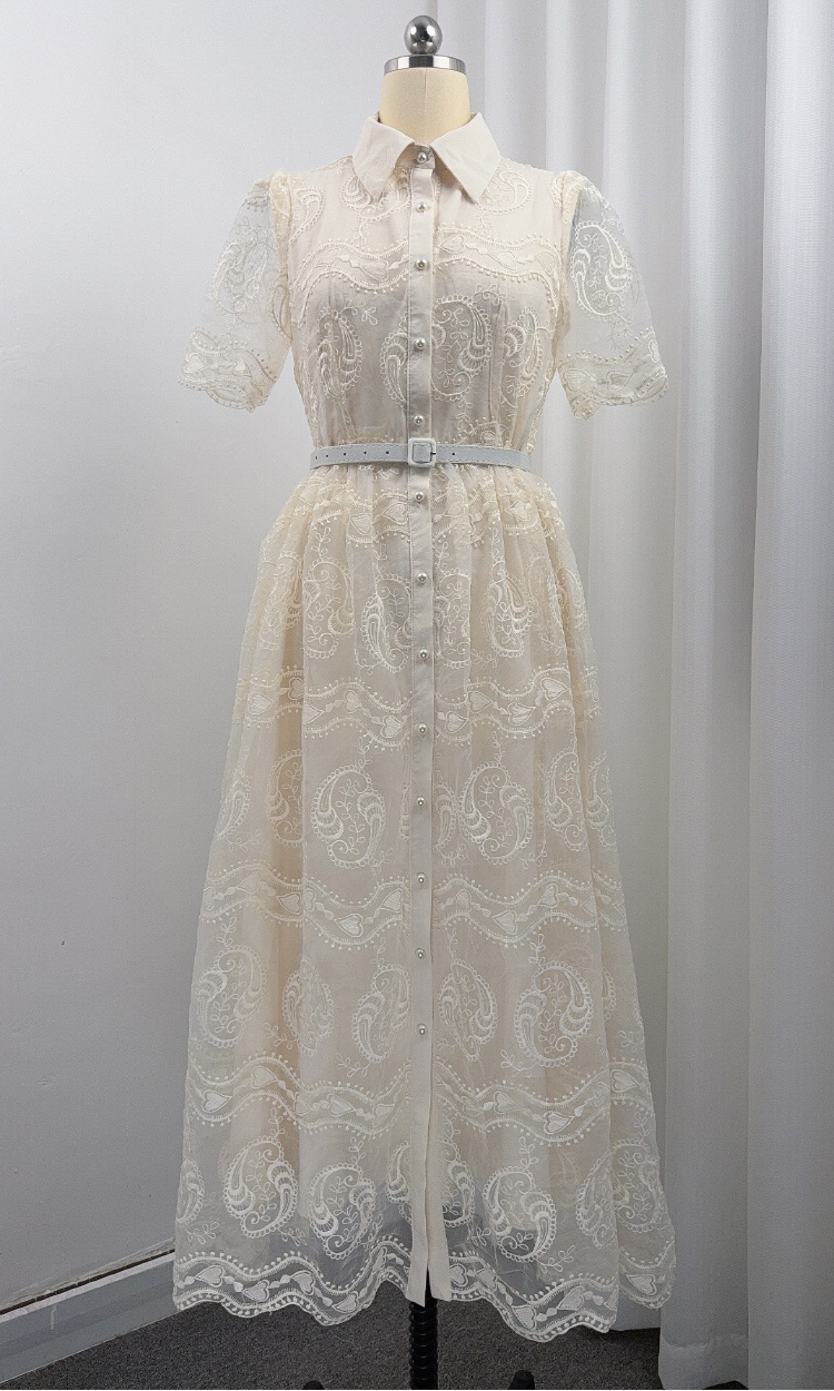 Temperament A-line with belt slim embroidery lapel dress