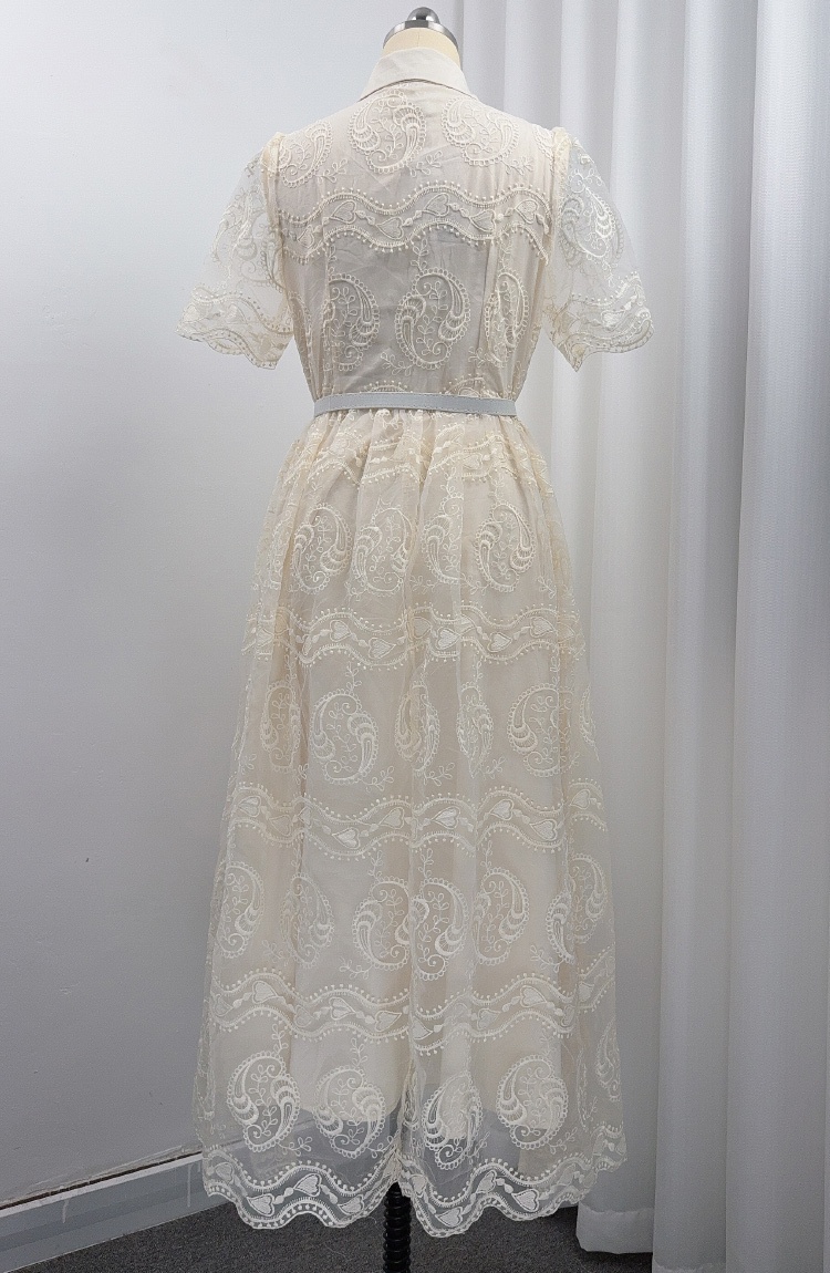 Temperament A-line with belt slim embroidery lapel dress
