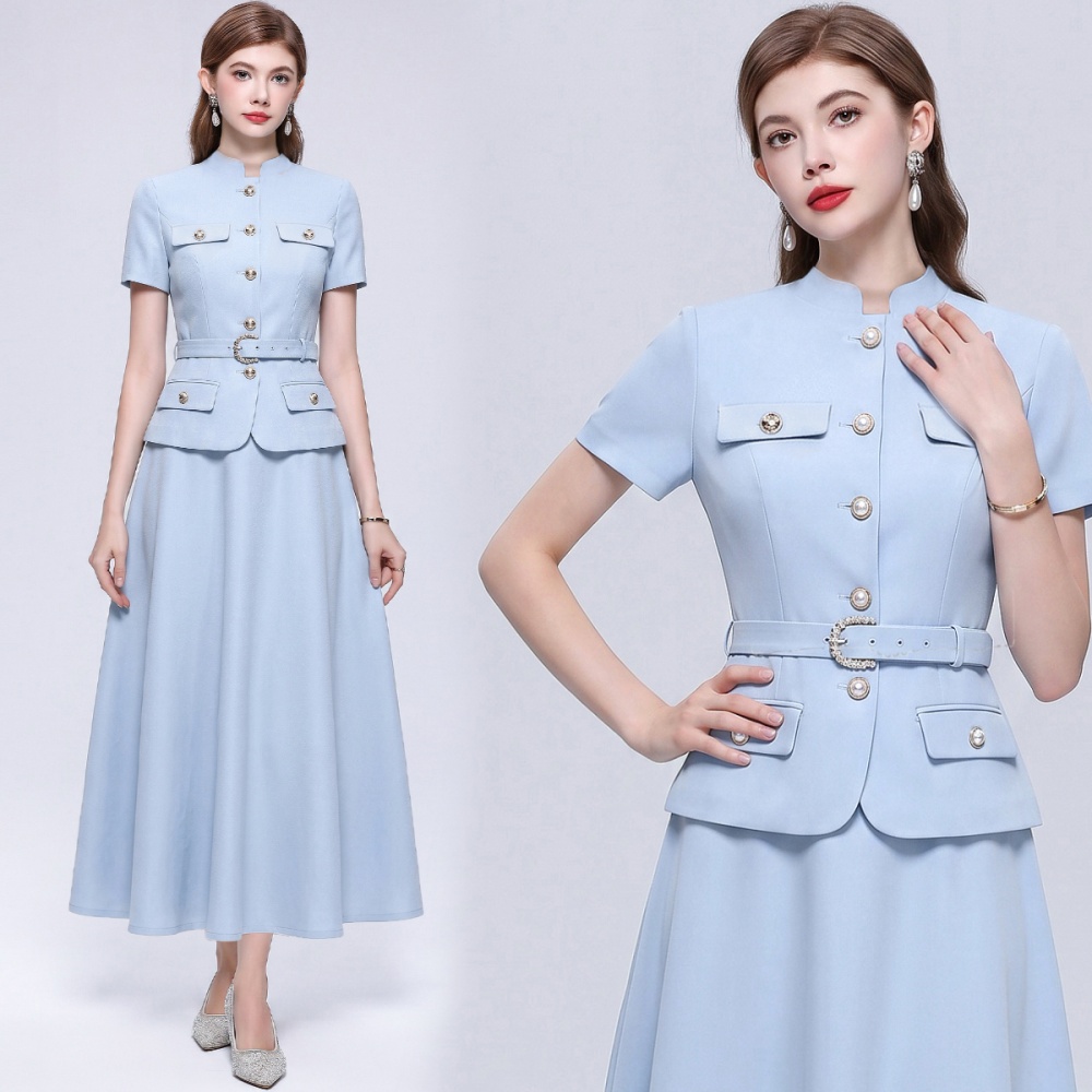 With belt skirt short sleeve business suit a set