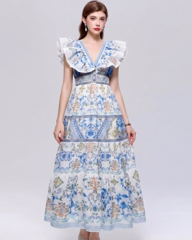 Casual big skirt dress V-neck long dress