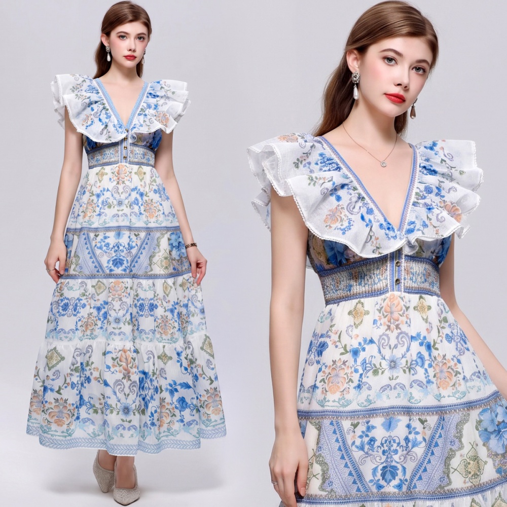 Casual big skirt dress V-neck long dress