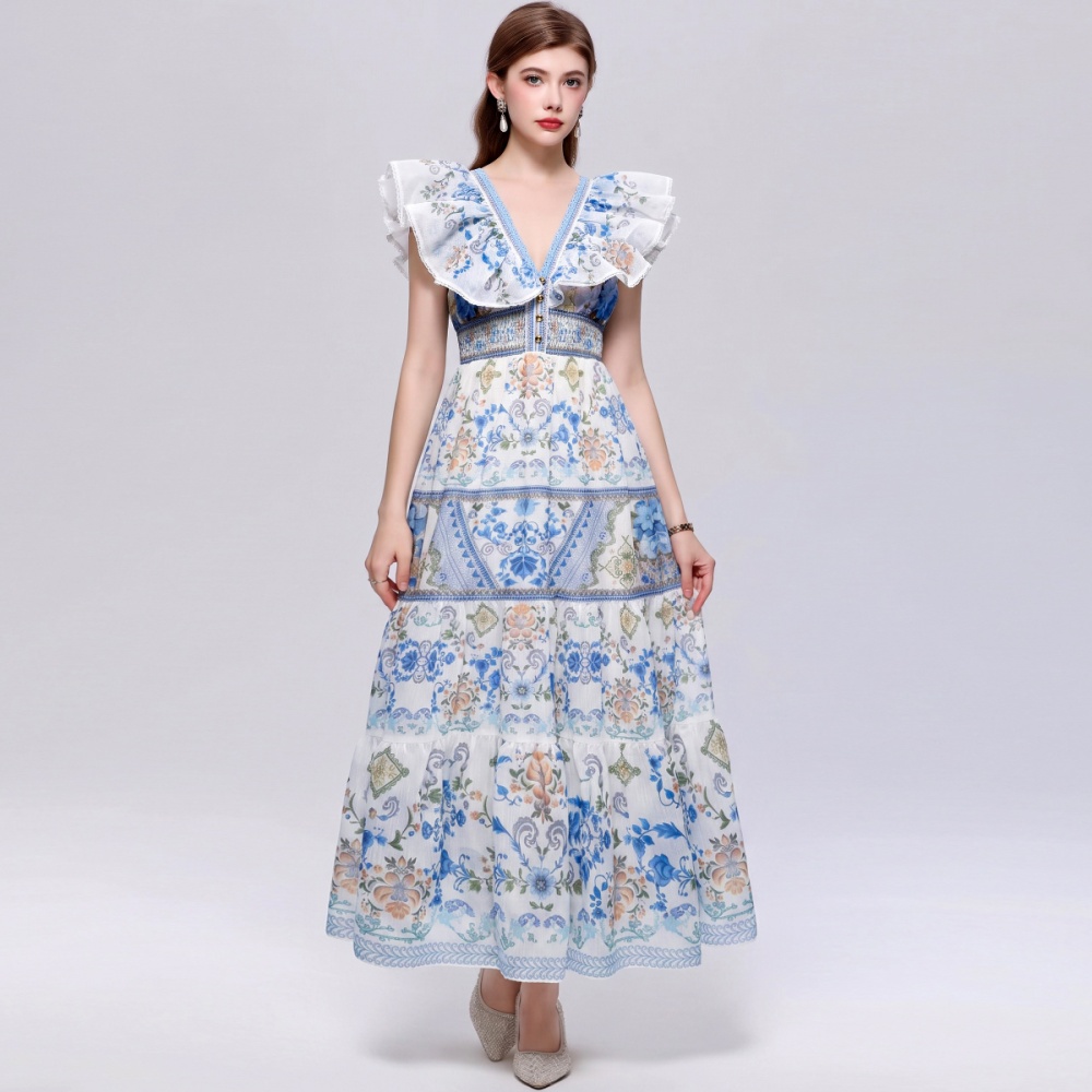 Casual big skirt dress V-neck long dress