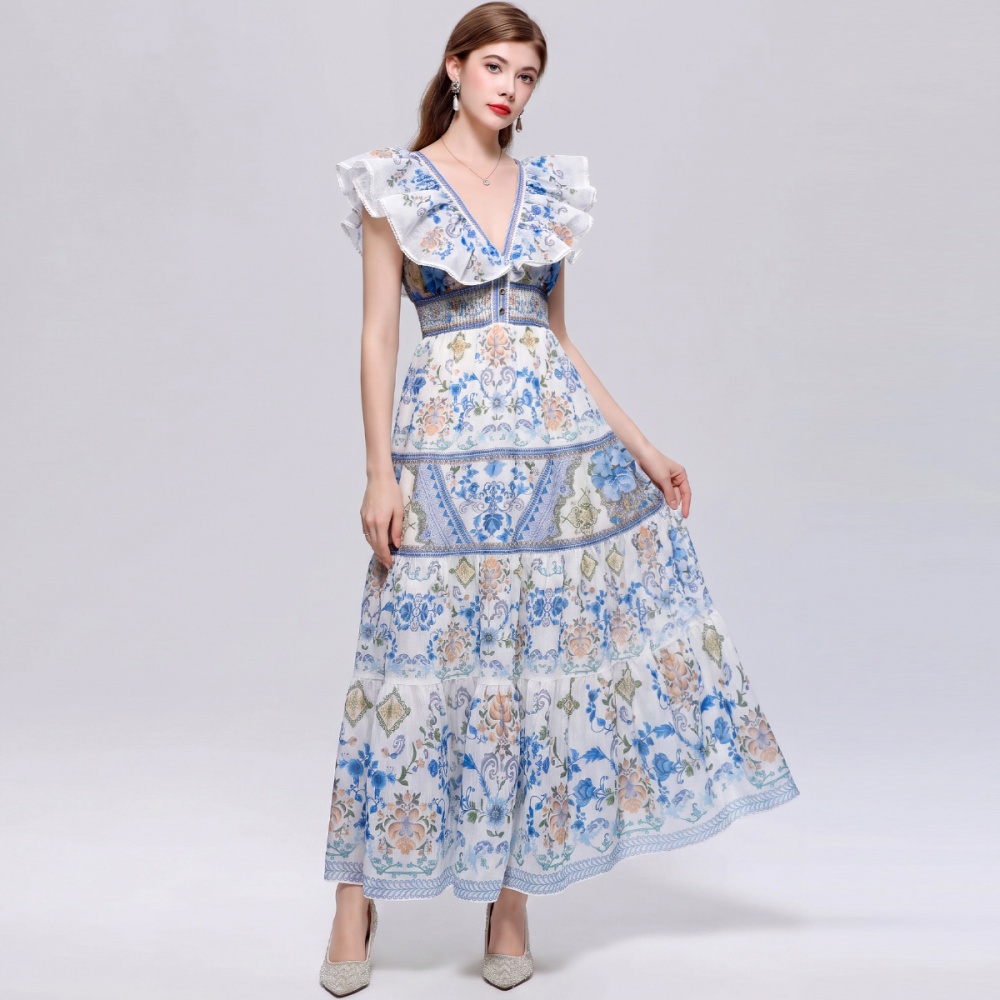 Casual big skirt dress V-neck long dress