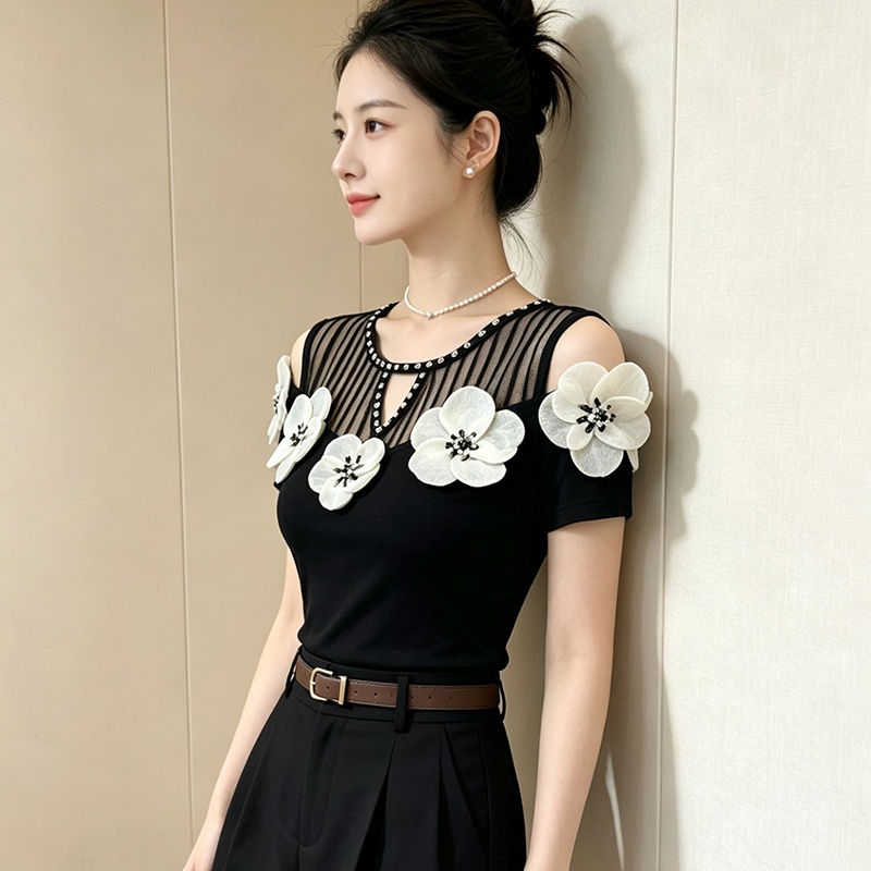 Temperament splice tops diamond bottoming shirt for women