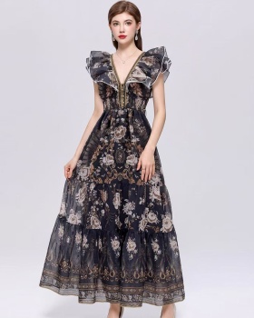 Slim lotus sleeve dress big skirt long dress