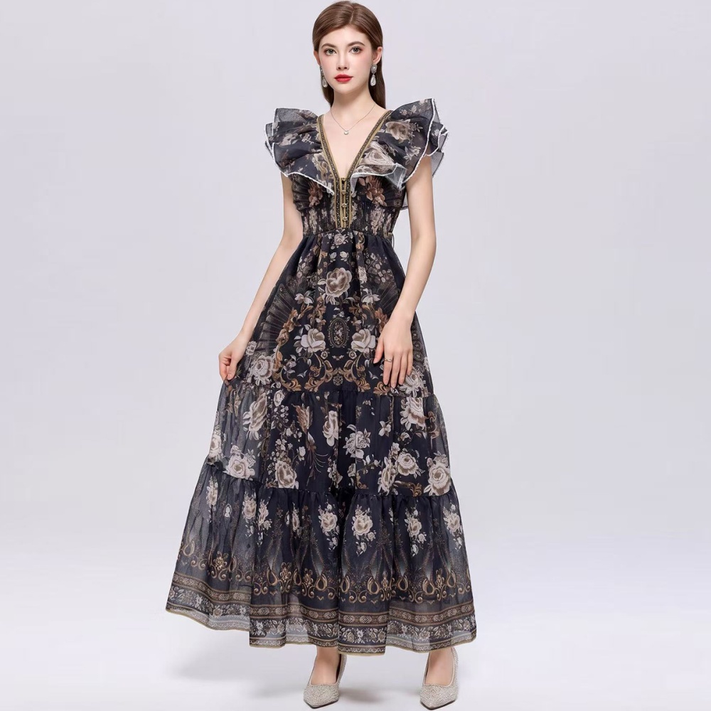 Slim lotus sleeve dress big skirt long dress