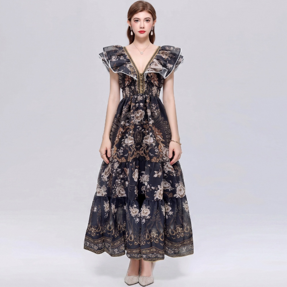 Slim lotus sleeve dress big skirt long dress