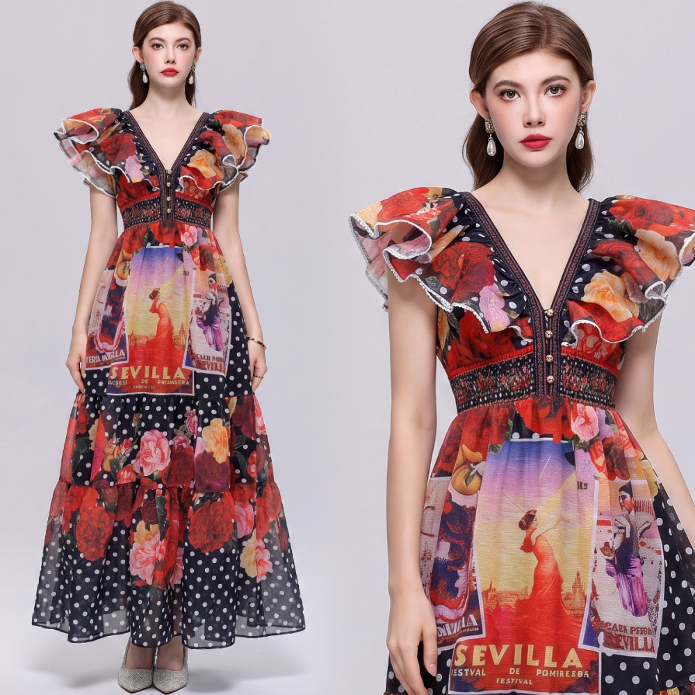 Casual V-neck long dress floral Bohemian style dress