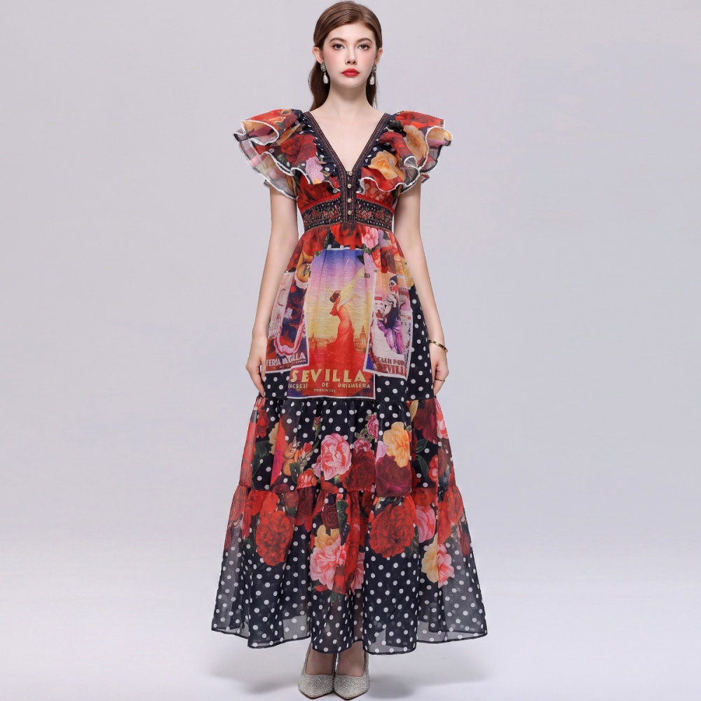 Casual V-neck long dress floral Bohemian style dress