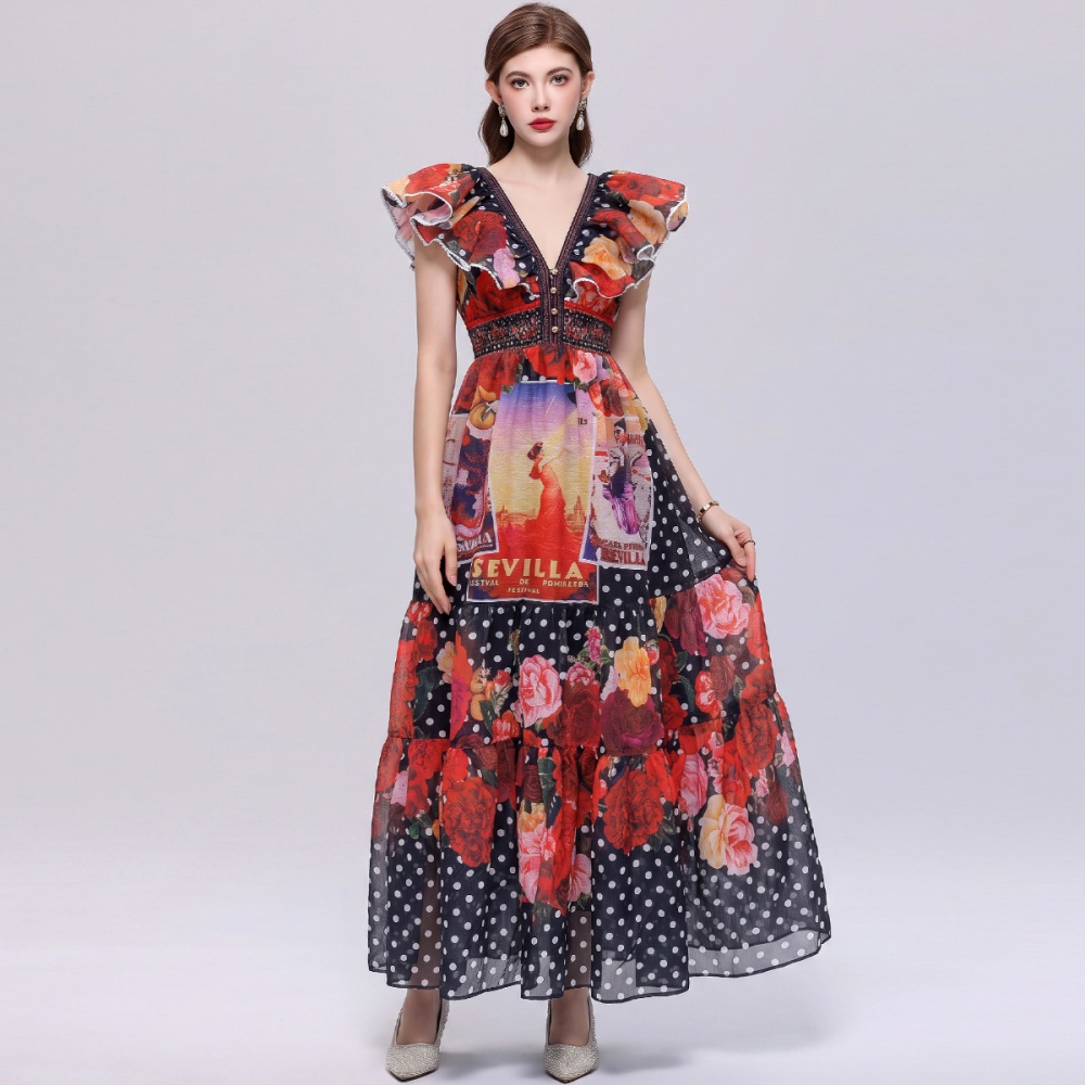 Casual V-neck long dress floral Bohemian style dress