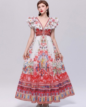 Big skirt V-neck Casual dress slim pinched waist long dress