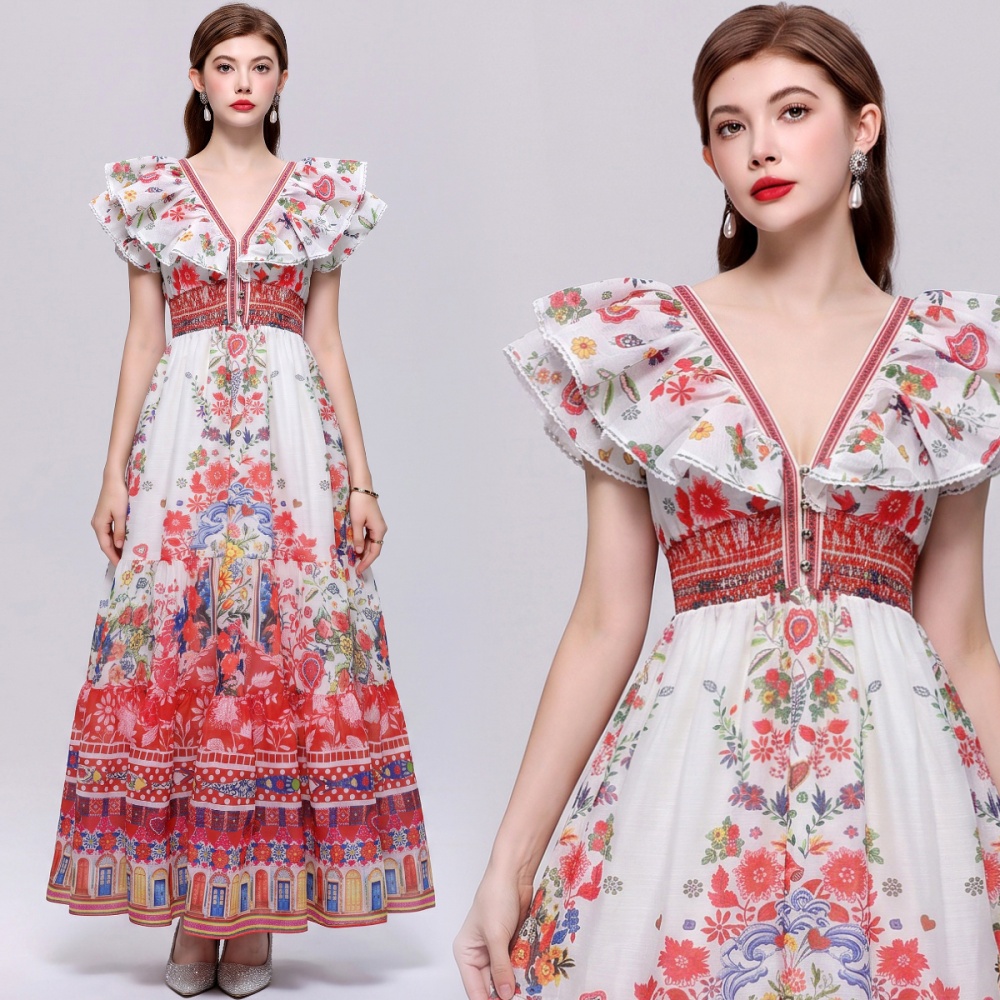 Big skirt V-neck Casual dress slim pinched waist long dress