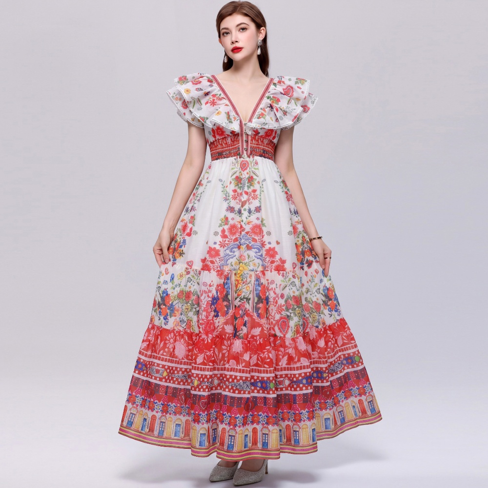 Big skirt V-neck Casual dress slim pinched waist long dress
