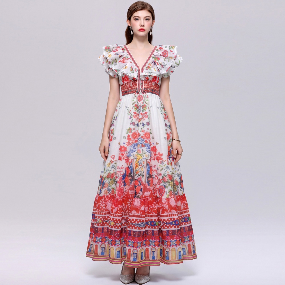 Big skirt V-neck Casual dress slim pinched waist long dress