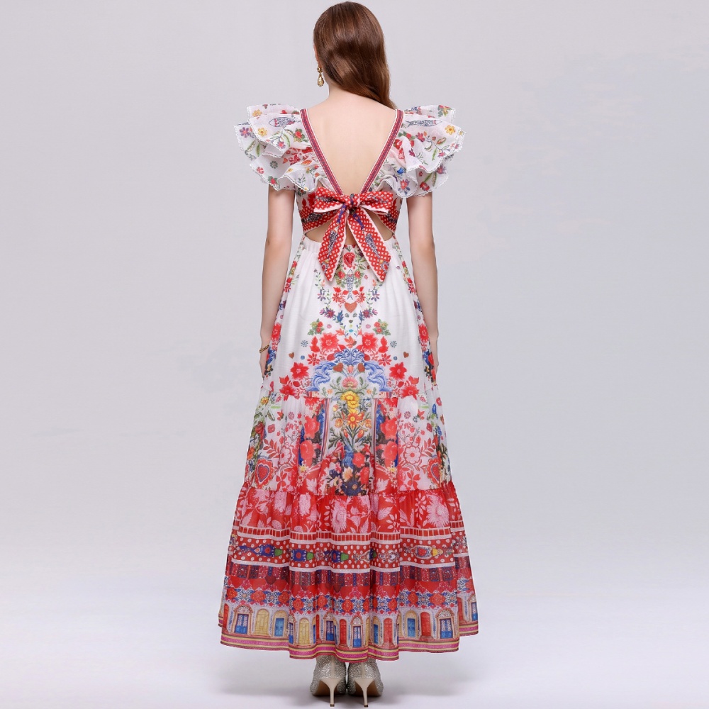 Big skirt V-neck Casual dress slim pinched waist long dress