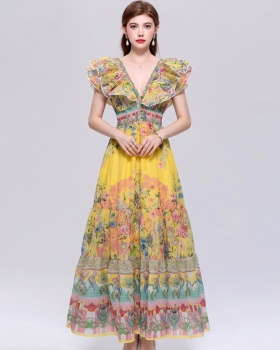 Slim Bohemian style dress lotus sleeve long dress