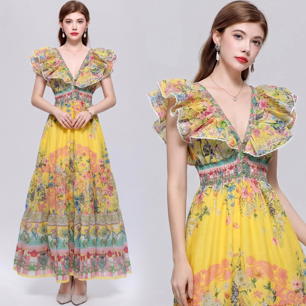 Slim Bohemian style dress lotus sleeve long dress