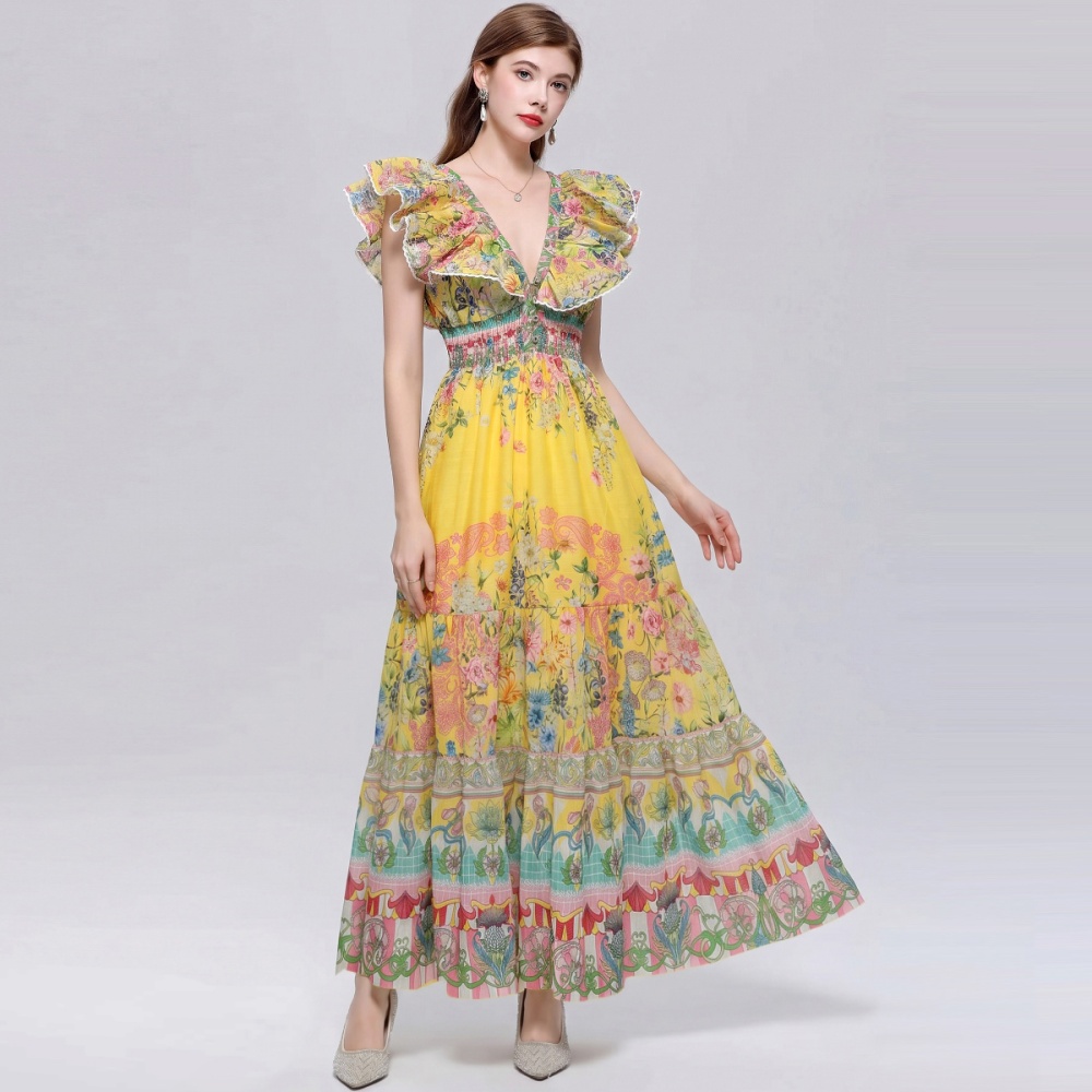 Slim Bohemian style dress lotus sleeve long dress