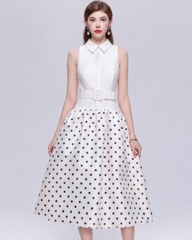 With belt Hepburn style long dress slim lapel dress