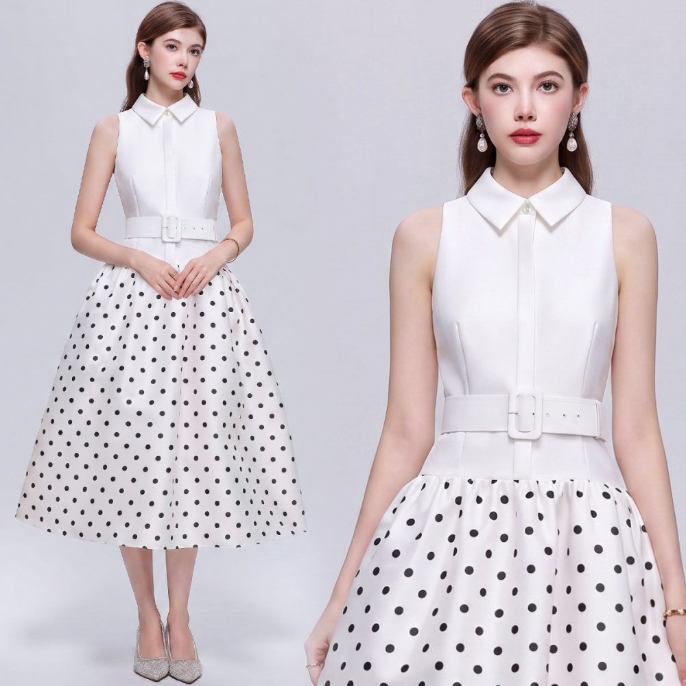 With belt Hepburn style long dress slim lapel dress