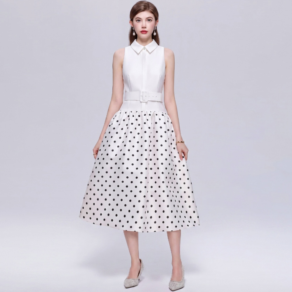 With belt Hepburn style long dress slim lapel dress