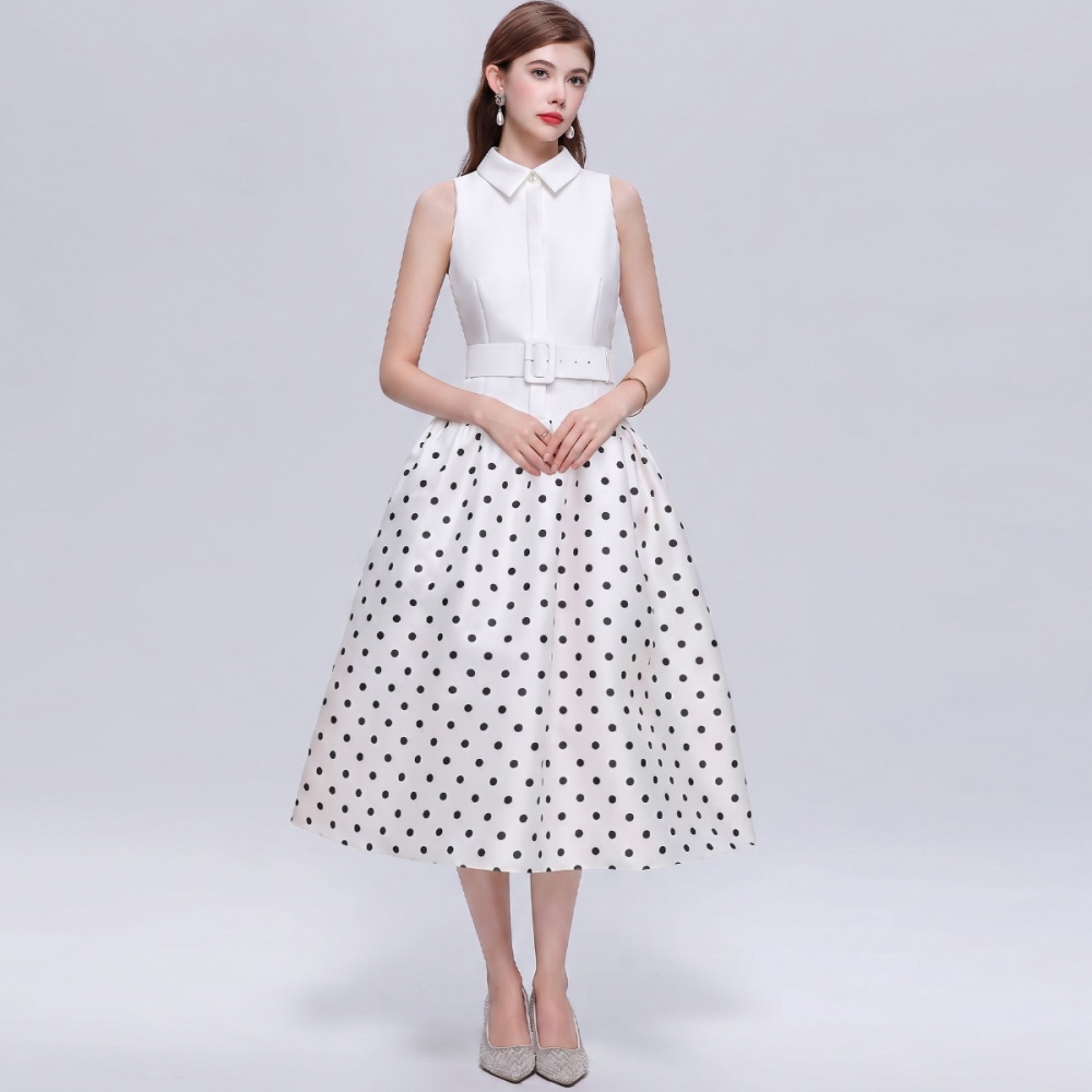 With belt Hepburn style long dress slim lapel dress