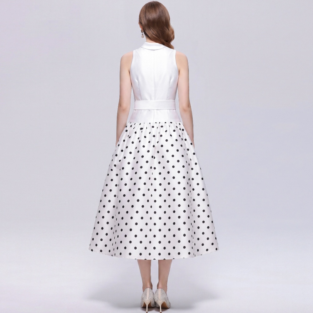 With belt Hepburn style long dress slim lapel dress