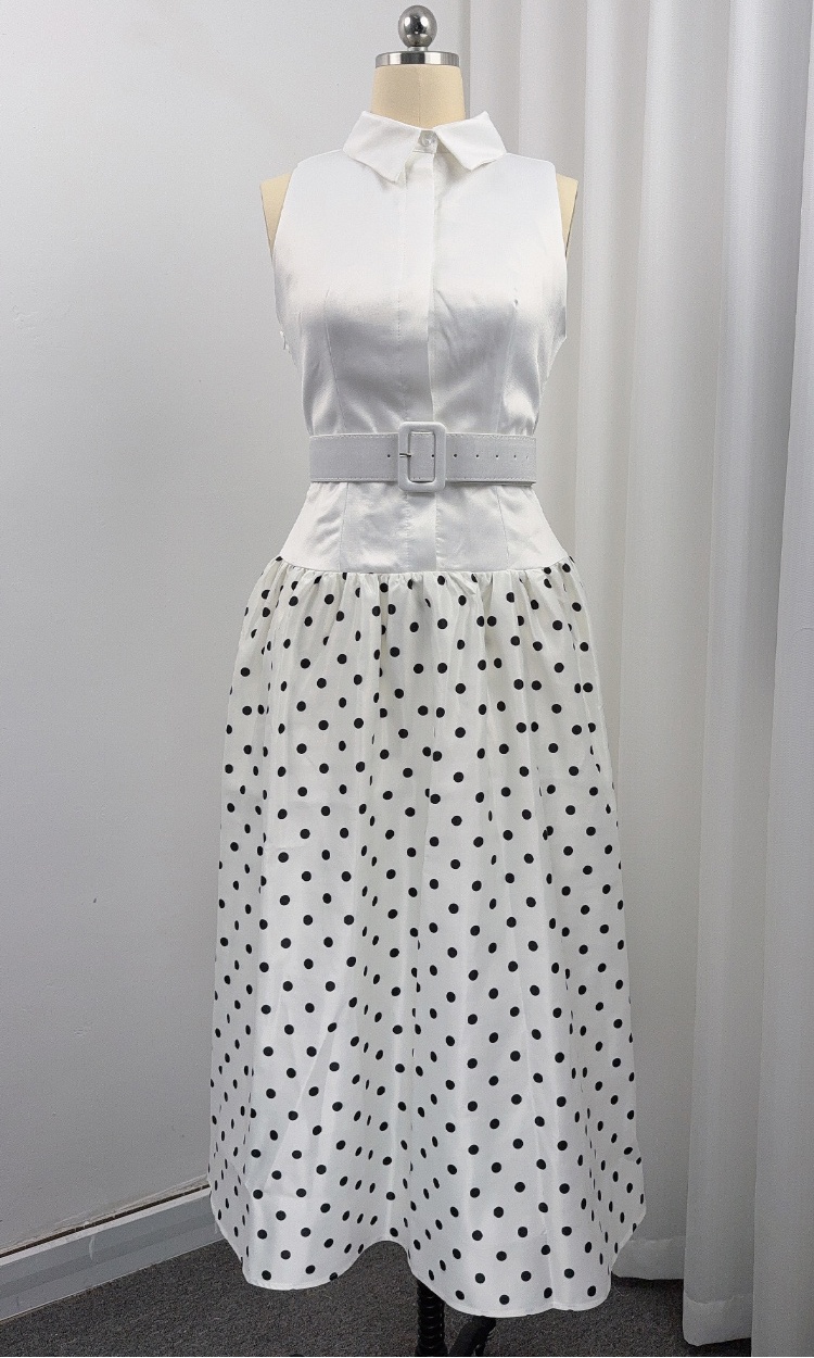 With belt Hepburn style long dress slim lapel dress