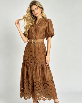 Puff sleeve lace pinched waist A-line hollow splice fashion dress
