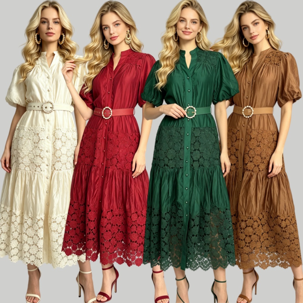 Puff sleeve lace pinched waist A-line hollow splice fashion dress