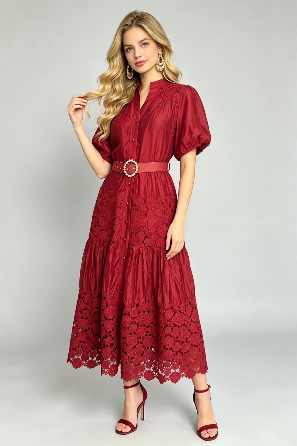 Puff sleeve lace pinched waist A-line hollow splice fashion dress