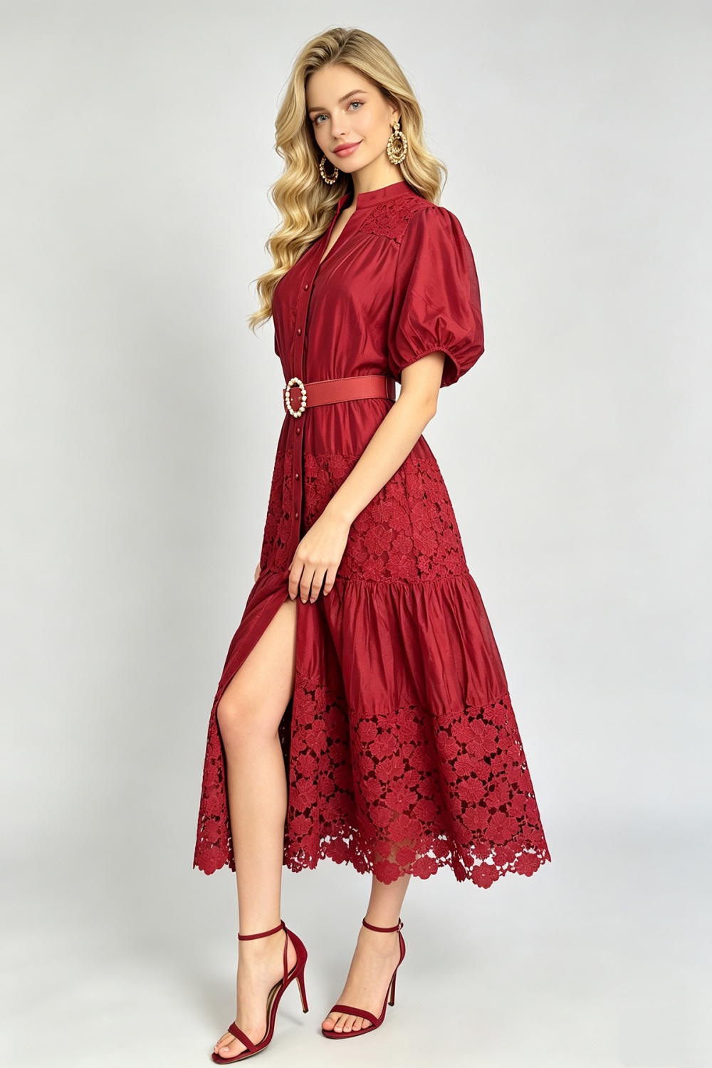 Puff sleeve lace pinched waist A-line hollow splice fashion dress