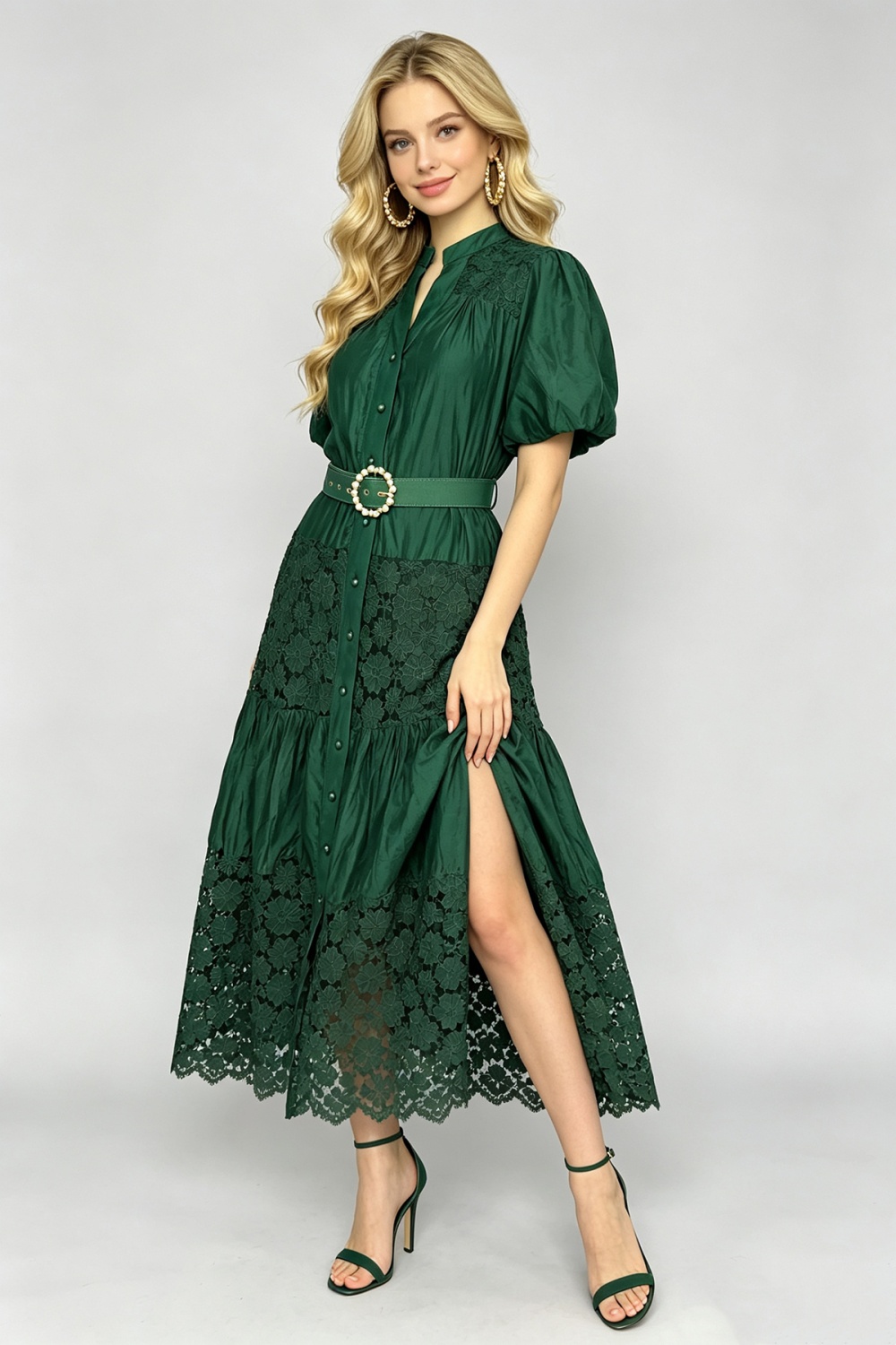 Puff sleeve lace pinched waist A-line hollow splice fashion dress