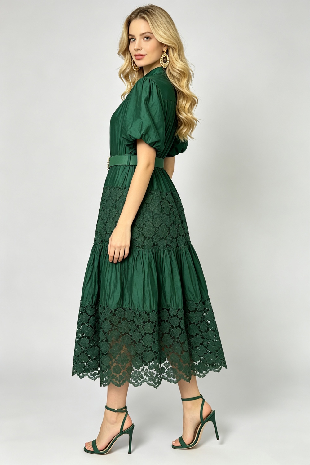 Puff sleeve lace pinched waist A-line hollow splice fashion dress