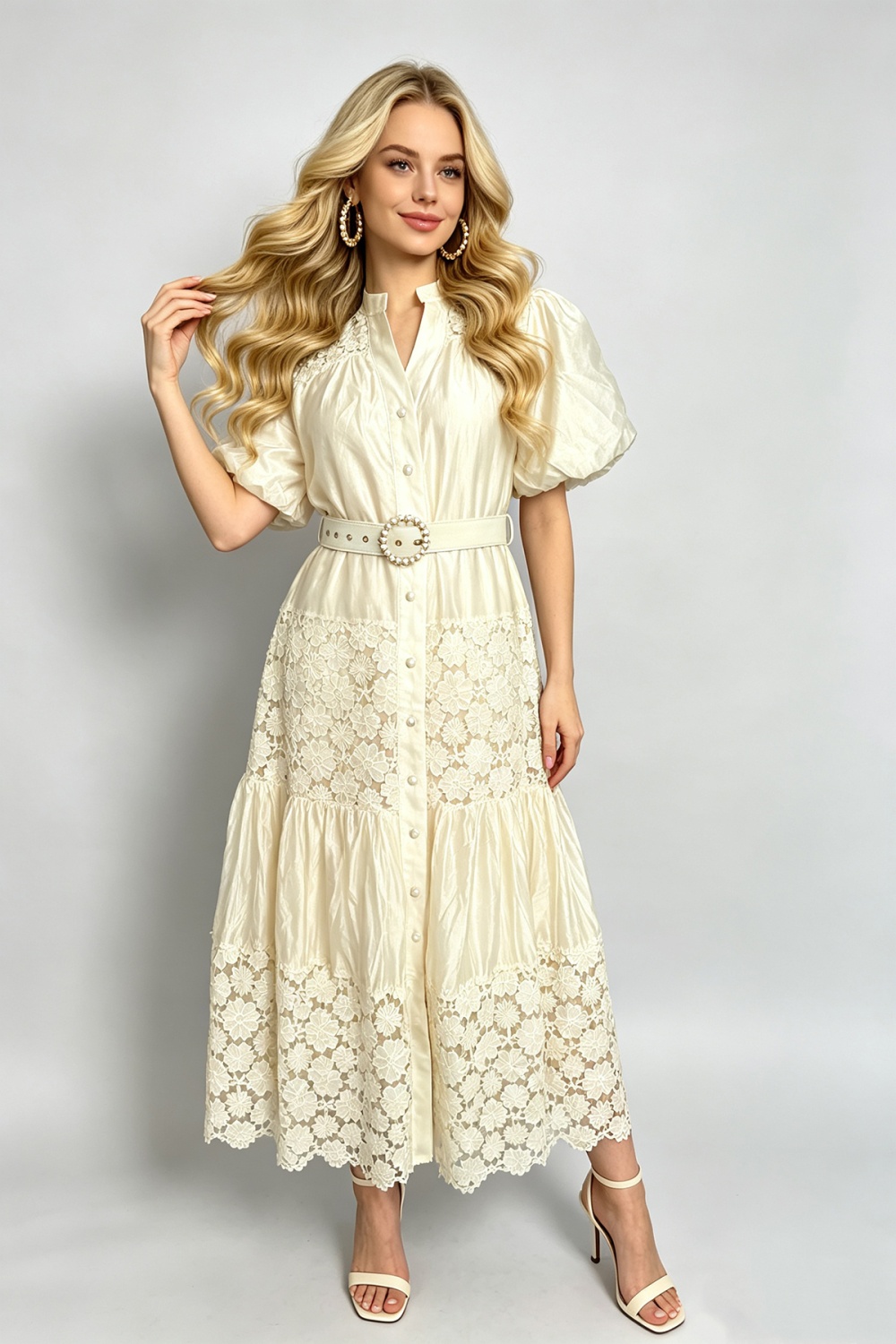 Puff sleeve lace pinched waist A-line hollow splice fashion dress