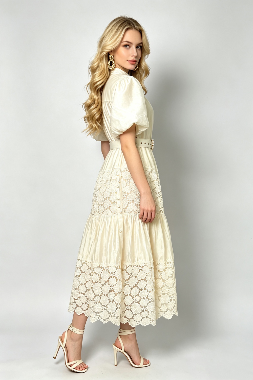 Puff sleeve lace pinched waist A-line hollow splice fashion dress