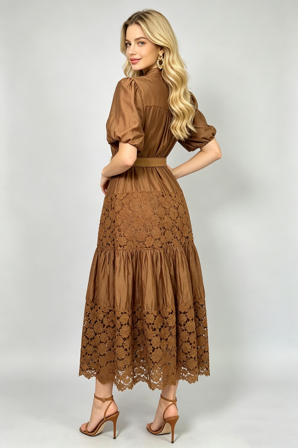 Puff sleeve lace pinched waist A-line hollow splice fashion dress