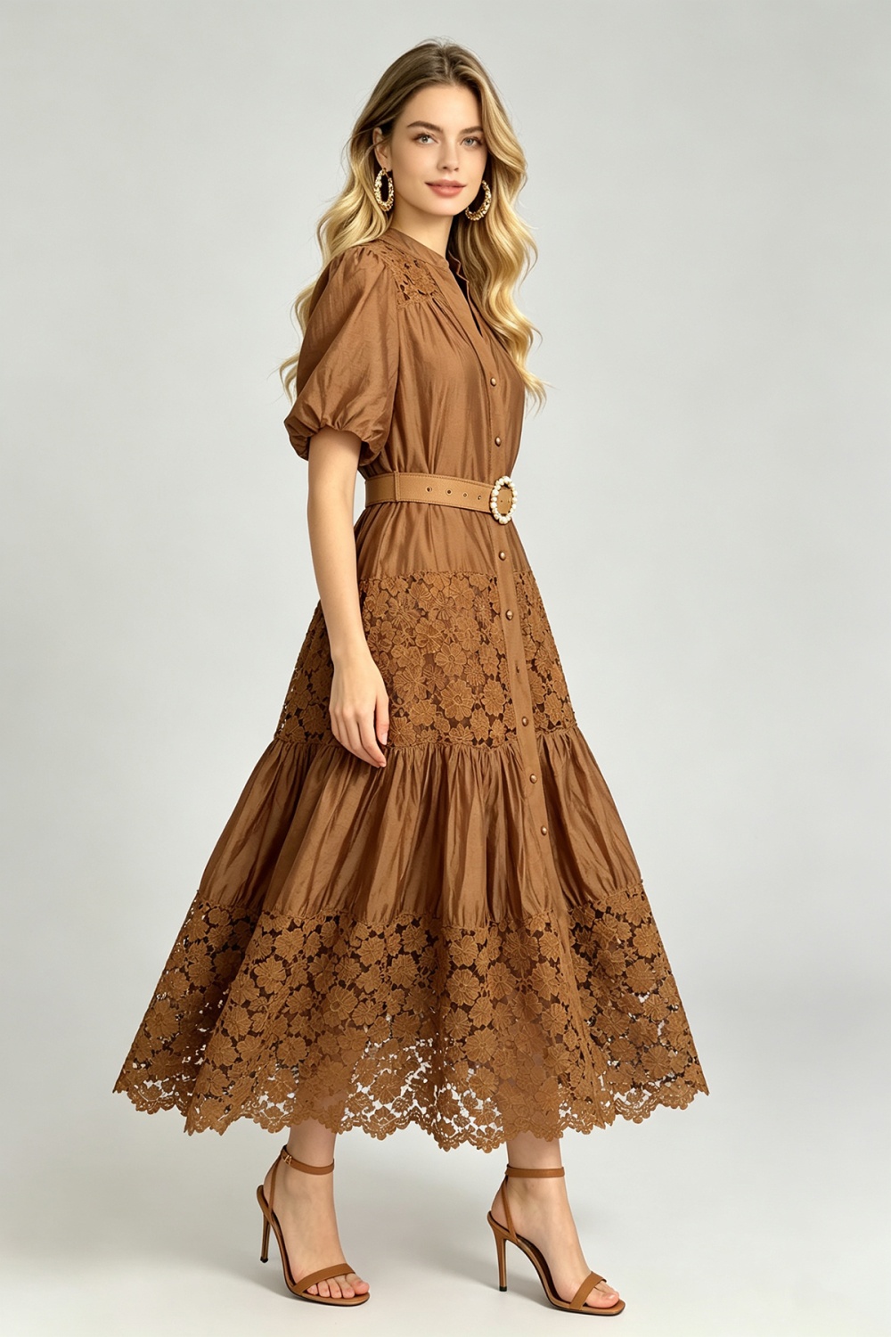 Puff sleeve lace pinched waist A-line hollow splice fashion dress