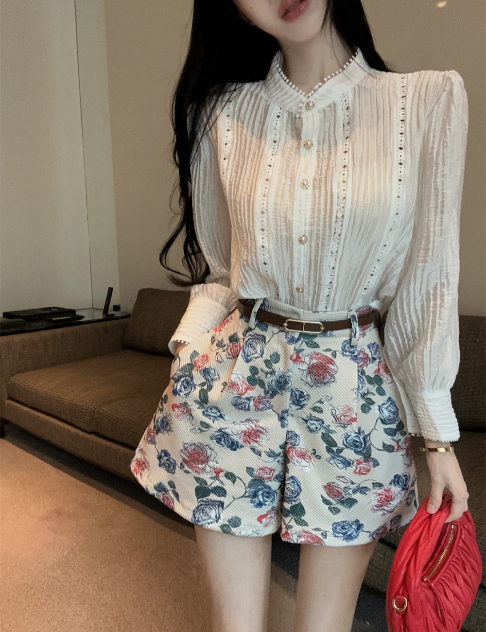 Summer wide leg tops hollow shorts a set for women