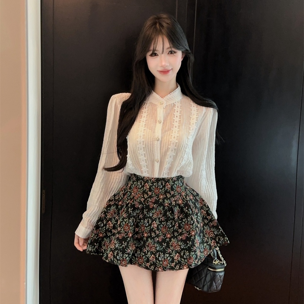 Retro France style shirt A-line tops 2pcs set for women