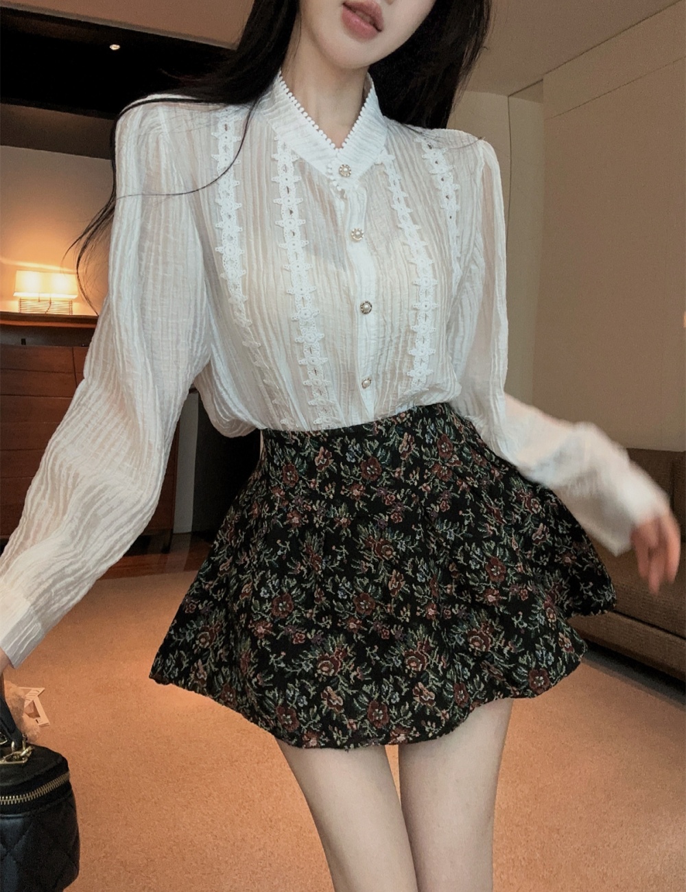 Retro France style shirt A-line tops 2pcs set for women