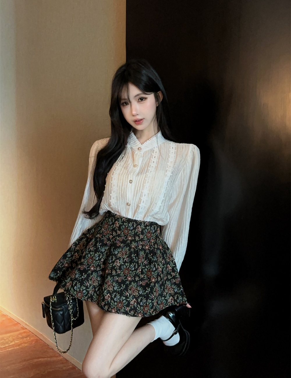 Retro France style shirt A-line tops 2pcs set for women