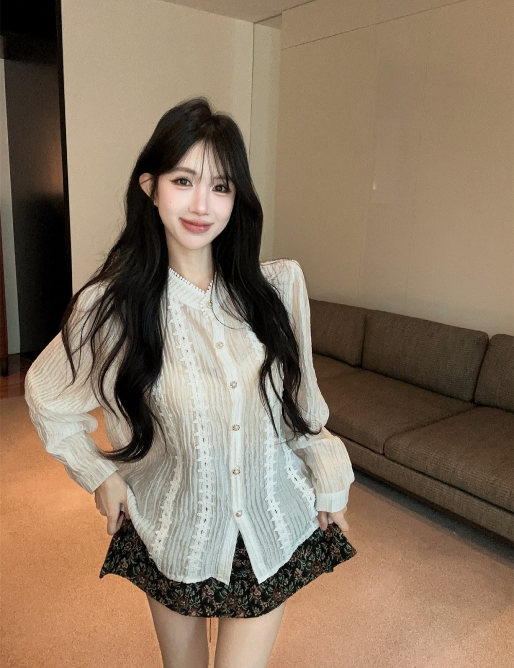 Retro France style shirt A-line tops 2pcs set for women