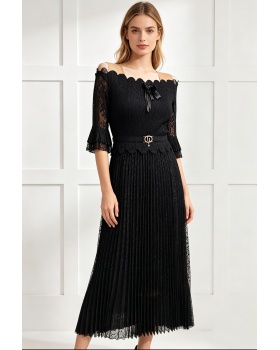 Fold lace lotus leaf edges sleeve dress for women