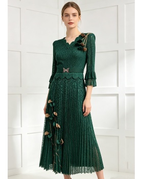 Large yard pleated stitching colors fold lace dress