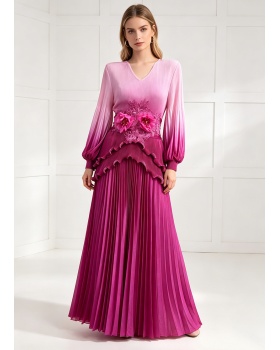 Loose fold belt lantern sleeve pleated formal dress