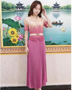 Loose pleated slim long dress fold printing dress