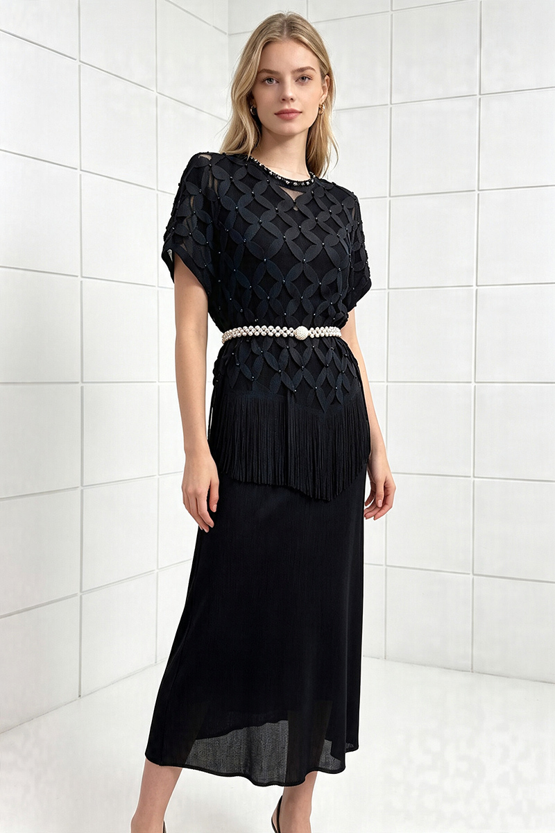 Hollow fashion long skirt bat sleeve tops 2pcs set