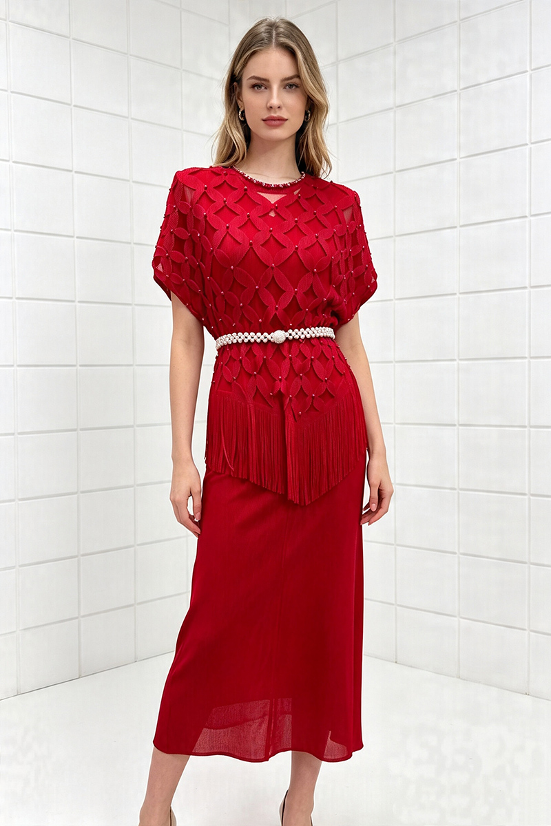 Hollow fashion long skirt bat sleeve tops 2pcs set