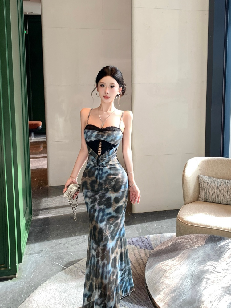 Bandage mermaid dress package hip leopard long dress
